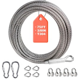LAKNUAL 3/8" Stainless Steel Wire Rope, 304 Stainless Steel Cable with Loop, 12000 lbs Breaking Strength 75ft Wire Rope with Clips and Thimbles for Boat Lifts, Zipline, Aircraft, Winch, Decking