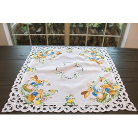 Easter Bunny Table Topper, Square Decorative, White with Floral Pattern (33 Inch Square)