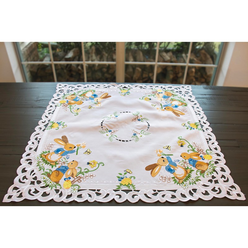 Easter Bunny Table Topper, Square Decorative, White with Floral Pattern