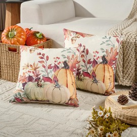 Volcanics Fall Pillow Covers 18x18 Set of 2 Orange White Pumpkin Throw Pillow Covers with Autumn Leaves Thanksgiving Farmhouse Cushion Cases Decorative Outdoor Pillow Covers for Couch Sofa Home Decor