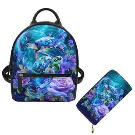 Showudesigns Sea Turtle Backpack Purse and Wallet Set for Women Mini Backpacks Leather Shoulder Bag Flower Zipper Daypack Travel Accessories 2 Pack Teenager Purse Tote Bags Handbag