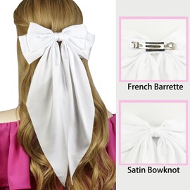 JGQUR White Hair Bows Large Satin Hair Bow Clips for Women – Long Tail Ribbon Hair Accessory, Party, Wedding, Daily Use, 1-Pack