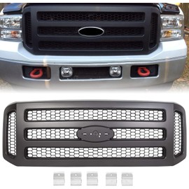 HECASA Front Grille Compatible with 2005-2007 Ford F250 F350 F450 F550 Super Duty Excursion Upper Bumper Hood Grill Painted Black Replacement for FO1200457 5C3Z8200BAA