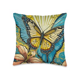 PopArt Vintage Butterfly Orchidee Flower art Painting Throw Pillow
