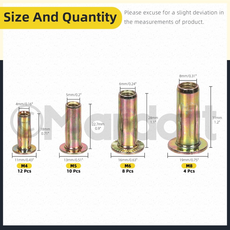 Mardatt 34Pcs 4 Sizes Multi-Grip Rivet Nut Assortment Kit, M4