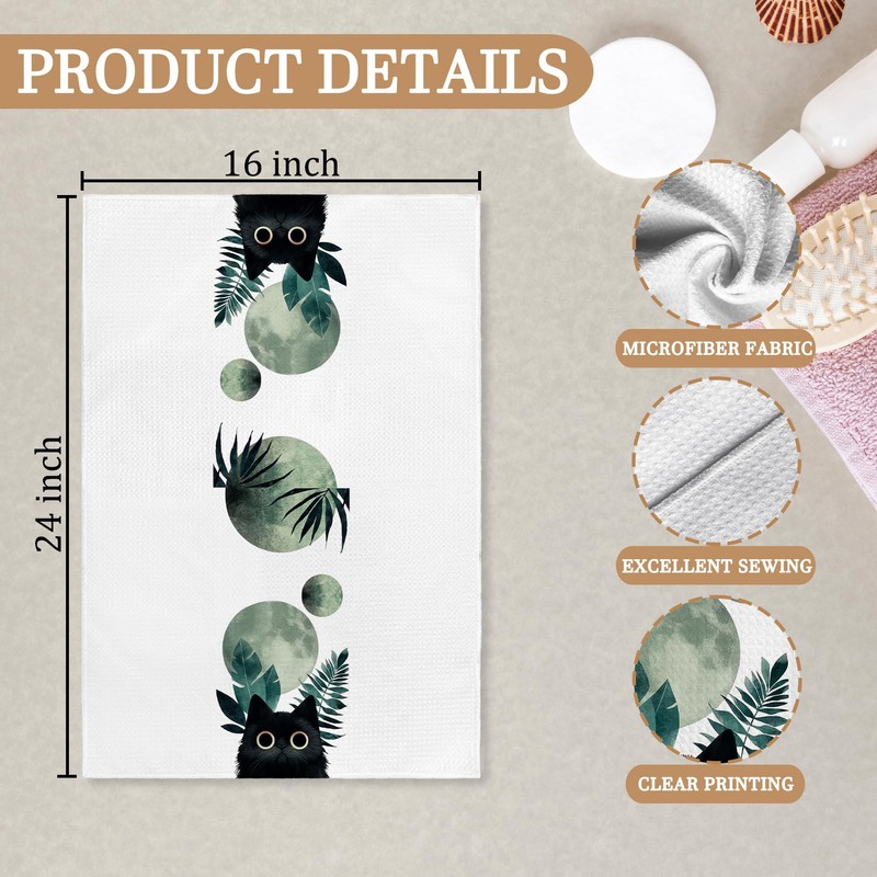 Zeuiwr Boho Black Cat Kitchen Towels Set of 4, Sage