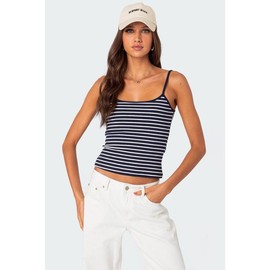 Gretta Striped Ribbed Tank Top - Color: NAVY AND WHITE, Size: L