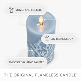 Luminara Embossed Coral Flameless LED Candle Moving Flame Pillar, Unscented Real Wax with Recessed Edge 3" x 6.5" (Soft Chambray)