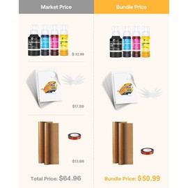 Hiipoo Sublimation Ink Set with 110 Sheet Sublimation Paper 8.5x11” 125G, 2 Pack Teflon Sheet, Heat Tape compatible for Inkjet Printer ET-2720 ET-2760 ET-2800 ET-2803 ET-2400 ET-4700 ET-4800 ET-15000