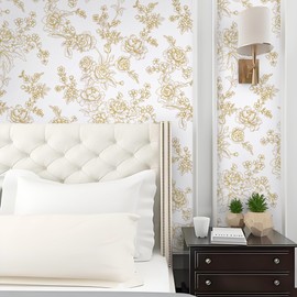 Safiyya Peel and Stick Wallpaper Gold and White Wallpaper Floral Contact Paper Removable Wallpaper Peel and Stick Contact Paper for Walls Vinyl Roll 78.7"x17.3"