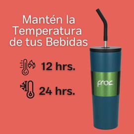 FROC | Termo The Sea - Doble Pared Acero Inoxidable 650 ml/22 oz, Incluye Popote Reutilizable y Limpiador - Moderno y Elegante para Bebidas Frías o Calientes (Azul)