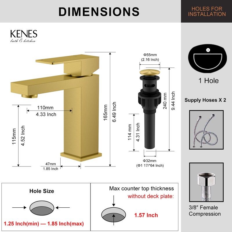 KENES Brushed Gold Bathroom Faucets, Modern Single Hole Lavatory Vanity
