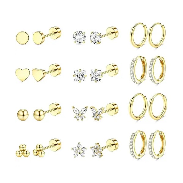 12pare Aretes De Oro 14k Mujer Arracadas Piercing Cartílago