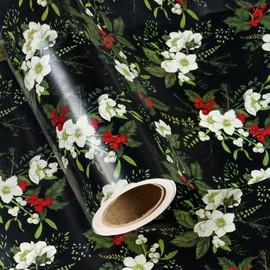 WRAPAHOLIC 30 Inch Jumbo Christmas Wrapping Paper - 30 Inch x 33 Feet - White Floral Wrapping Paper with Green Leaves and Red Berries for Xmas Holiday, Party Celebration