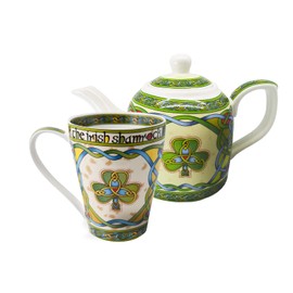 Royal Tara Set of 1 Irish Shamrock Coffee Cup with Celtic Knots Design & 1 Shamrock Porcelain Teapot - Irish Tea Pot Celtic Knot Tea Kettle with Removable Lid - Bone China - Packed in Irish Weave Box