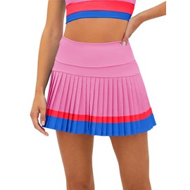 Fisoew Women's High Waisted Tennis Skirts Color Block Pleated Athletic Golf Skorts with Built in Shorts Pink