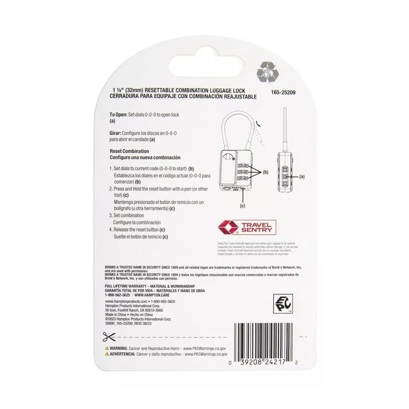 Brinks, 1/4in 3-Dial TSA Luggage Padlock with Steel Cable Shackle,