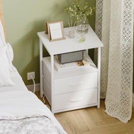 Fixwal White Night Stand with Charging Station, Bedroom Nightstand with Fabric Drawers, Bedside Table with PU Finish