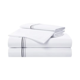 Aston & Arden Sateen Sheet Set - 100% Cotton 600 Thread Count Luxurious Hotel Silky Sheets, Pristine White with Fine Baratta Embroidered 3-Striped Hem, Wrinkle Resistant, Twin, Onyx Black