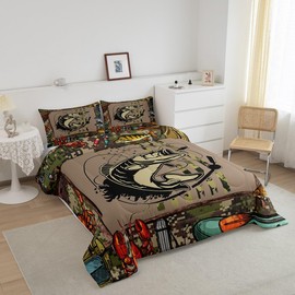 Fishing and Hunting Comforter Set Camo American Flag Fishing Bedding Set Full for Teen Boys Men Fishermen,Rustic Big Bass Pike Fish Bed Comforter Sets,Farmhouse Cabin Quilt Duvet 2 Pillow Cases
