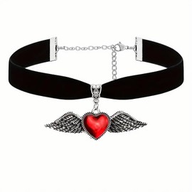 Dishowme Crystal Angel Wings Heart Choker Necklace Gothic Velvet Cross Collar Necklace Chain Vintage Rhinestone Love Heart Crucifix Jewelry for Women (Black D)