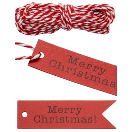 HomeTools.eu® 100 Kraft Paper Gift Tags with 10 m Jute Twine Merry Christmas Red