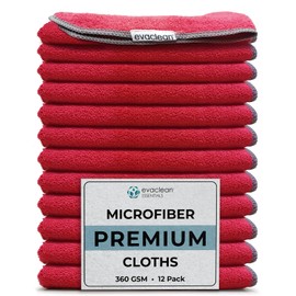 EvaClean Premium Microfiber Cleaning Cloth 16"x16" - Reusable, Washable, Non-Scratch, Microfiber Towels for Cleaning, Dusting, Polishing, High Absorbency & Durability, Red, 12-Pack