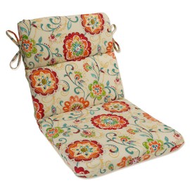 Pillow Perfect Bright Floral Indoor/Outdoor 1 Piece Split Back Chair Cushion with Ties Rounded Corners, Deep Seat, Weather, and Fade Resistant, 40.5" x 21", Tan Fanfare