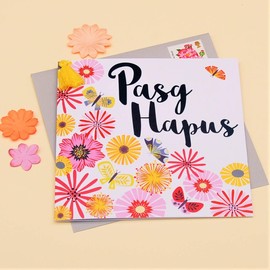 Claire Giles Tassel Embellished Welsh Language Easter Greeting Card, Tumbling Flowers with Butterflies, Pasg Hapus