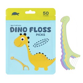 Sea Turtle Kids Dino Floss Picks - Corn Starch Handle - Thin Thread Tooth Dental Flossers - Unflavored (50)