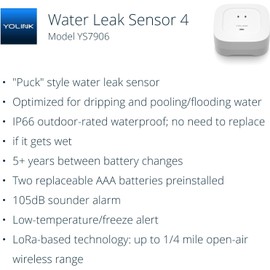 Water Leak Sensor 4 with 105dB Audio Alarm 3-Pack, SMS/Text, Email & Push Notifications, Freeze Warning, LoRa Up to 1/4 Mile Open-Air Range, w/Alexa, IFTTT, Hub Required!