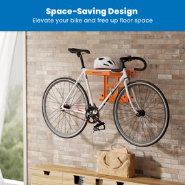 Mount-It! Bike Wall Mount Rack with Shelf and Hooks, Horizontal Indoor Bike Rack Garage Home, Space Saving Wall Mounted Hanger for a Single Road, Mountain or Other Bicycle with Extra Storage, Orange