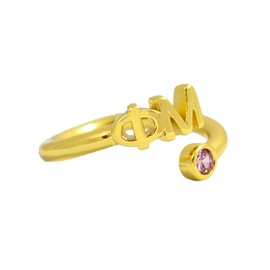 Sorority Shop Phi Mu Ring- 18k Gold-Plated Wraparound Ring with Pink Gemstone and Phi Mu Greek Letters, Sorority Jewelry Gift