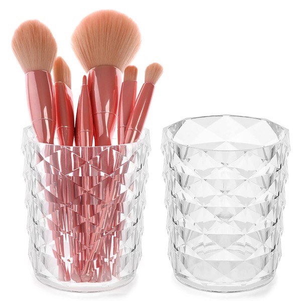 Set of 2 Transparent Cosmetic Brush Holders, Make-Up Storage, Height 10 cm, Crystal Round Brush Organiser, Makeup Brush Holder for Cosmetics, Pens, Toothbrushes, Lipstick