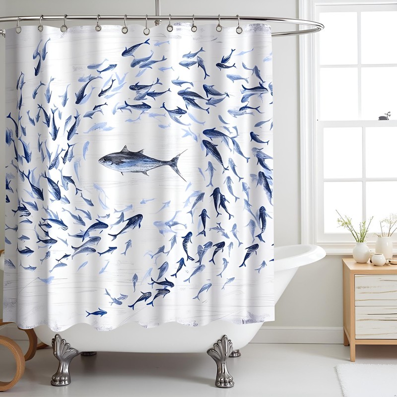 FuShvre Fish Shower Curtain Navy Blue Bathroom Curtains Coastal Bathroom