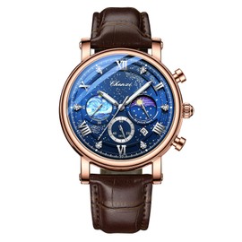 JewelryWe Men's Watch Genuine Leather Chronograph Watch 30 m Waterproof Analogue Quartz Wrist Watch Men's Leather Strap Multifunctional Watch with Starry Sky Dial, Calendar, Luminous Hands, Stopwatch,