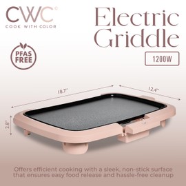 COOK WITH COLOR Electric Griddle 1200W, Nonstick Surface for Pancakes, Burgers, Eggs & More, Removable Temperature Control, Slide-Out Drip Tray, 10" x 16" Cooking Area, Dusty Rose