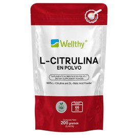 Wellthy L Citrulina Malato pura y natural en polvo 200g. Ratio Ideal 2:1, 66 porciones por Envase, mas de 2 meses y medio de Consumo, Scoop Incluído, Bottle Free