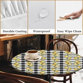 Outdoor Round Tablecloth with Elastic Band, Diameter 150 cm, Elastic Garden Tablecloth with Lemon Grid Pattern