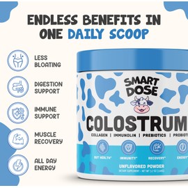 Smart Dose Smart Dose Bovine Colostrum+ Powder for Gut Health & Digestion - 12-in-1 Formula for Bloating, Immune Support & Energy - with 45% IgG ImmunoLin, Probiotics, Prebiotics, Collagen & L-Glutamine