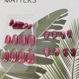 Xenophoer Cat Eye Press on Nails Short Oval Ruby Purple Fake Nails Acrylic Glue on Nails with Silver Glitter Designs Nails Press ons for Women Daily Wear 24 Pcs