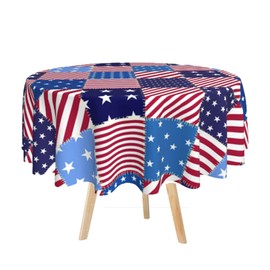 4th of July Table Cloth 60Inch, Patriotic Round Red Tablecloth, American Flag Tablecloth for Independence Day Memorial Day Decorations, Polyester Rable Cover for Party Picnic Dinner Outdoor