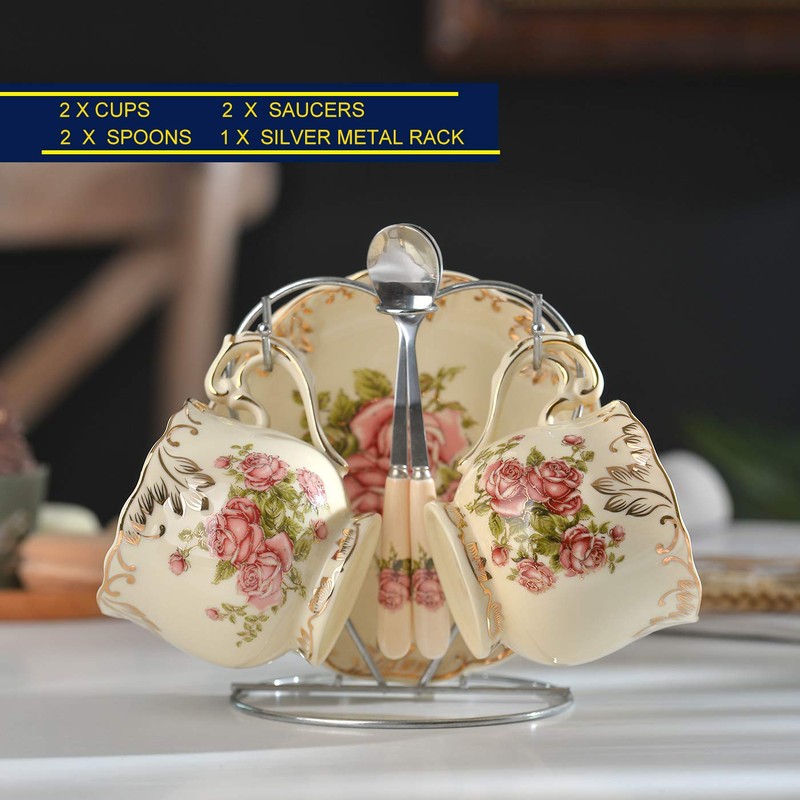 YOLIFE Tea Cups and Saucers Set of 2, Porcelain Floral