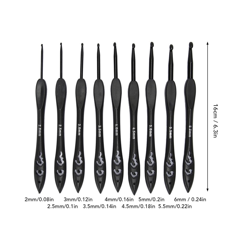 Black Crochet Hooks Set 2.0-6.0mm Ergonomic Handle Reduce Cramps, Multiple