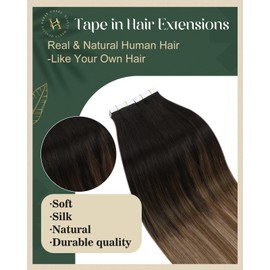 Ugeat Balayage Tape in Hair Extensions Dark Brown Mix Medium Brown with Golden Blonde Invisible Human Hair Extensions Tape in 14 Inch 40G 20Pcs #2/6/12