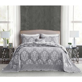 HZ & HY Oversized King Bedspread 128x120 Extra Wide, Jacquard Matelasse Damask Pattern Design, Lightweight, Reversible, 5 Piece, 100% Microfiber, Grey