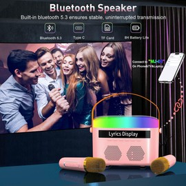 Karaoke Machine, Karaoke Machine for Adults Kids with Lyrics Display, Portable Bluetooth Dual Speaker with 2 Wireless Microphones, 7 Modes Night Lights, White Noise, 8G Card, Card Reader (Pink)