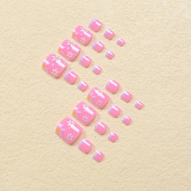 Pink Press On Toenails Short Square Fake Toe Nails Acrylic Toenails Press Ons French Tip False Toe Nails With Flower Designs Full Cover Glue On Toenails Short Stick On Toenails For Women