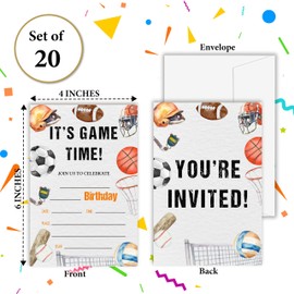OXRUN Sports Birthday Invitations, It's Game Time, Set of 20 Bday Invites with Envelopes, All Star Party Invitation Cards for Boys Girls Party Decorations Supplies - B10
