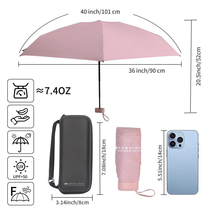 Ponviora Compact Mini Windproof Travel Umbrella-UPF 50+ Sun & Rain